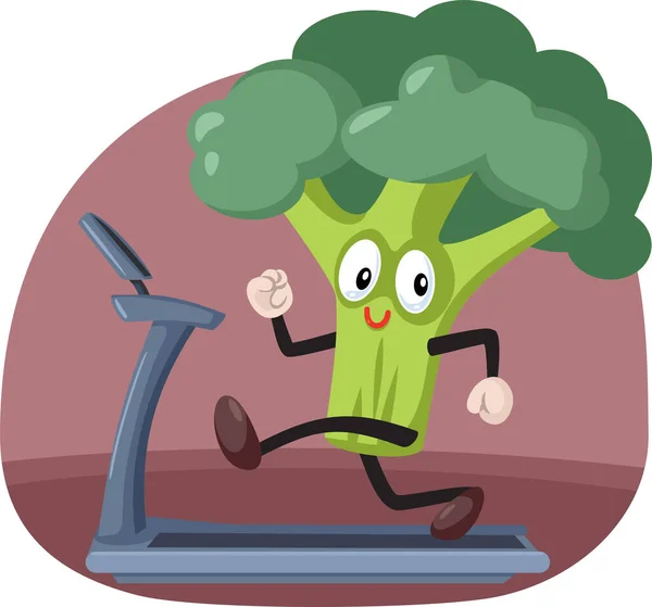 快乐的花椰菜吉祥物在跑步机上奔跑 — 图库矢量图片