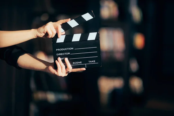 Hands Holding Film Slate Directing Movie Scene — Stock Photo, Image