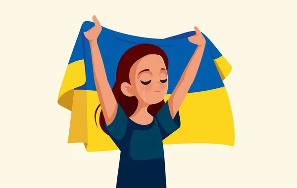 Λυπηρό Κορίτσι Της Ουκρανίας Κρατώντας Την Απεικόνιση Διάνυσμα Σημαία — Διανυσματικό Αρχείο
