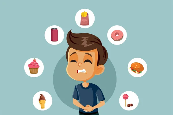 Kleiner Junge Hat Bauchschmerzen Nachdem Fast Food Und Süßigkeiten Gegessen — Stockvektor