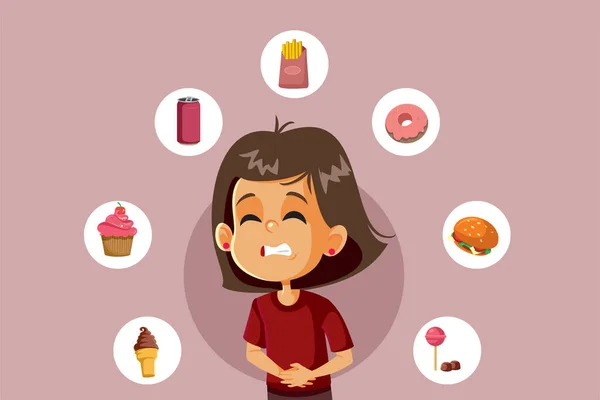 Κοριτσάκι Έχοντας Στομαχόπονο Μετά Την Κατανάλωση Γρήγορου Φαγητού Και Γλυκών — Διανυσματικό Αρχείο
