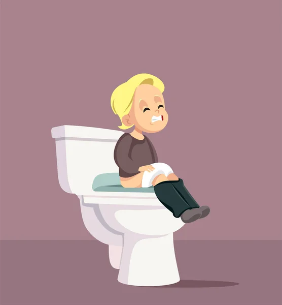 Geconstipeerde Kleine Peuter Zittend Een Toilet Vector Cartoon Illustratie — Stockvector