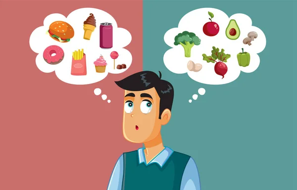 Hombre Eligiendo Entre Comida Rápida Hábitos Alimenticios Saludables Vector Ilustración — Vector de stock