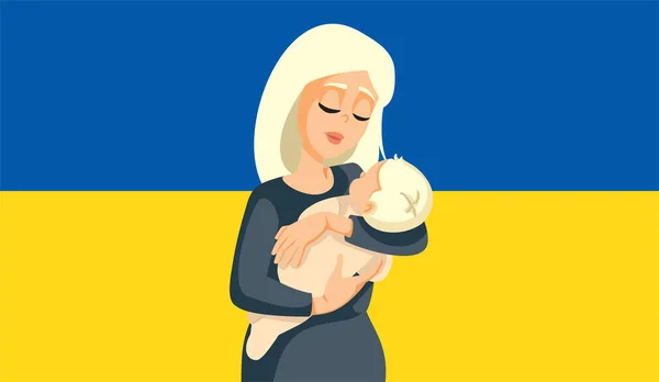 Mãe Bebê Ucraniano Refugiados Vector Ilustração — Vetor de Stock