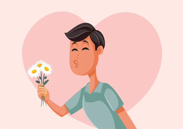 Boyfriend Holding Floral Bouquet Vector Cartoon Illustration — Stock Vector