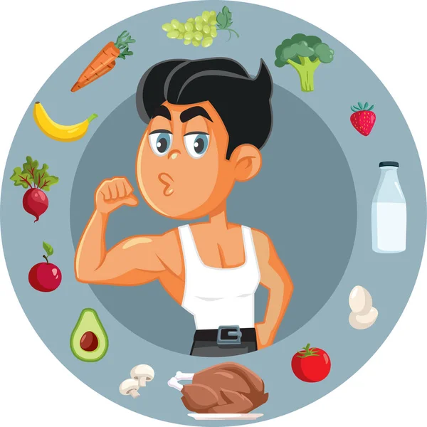 Sterke Man Eten Gezonde Vector Cartoon Illustratie — Stockvector