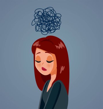 Karmaşık Düşünceleri Olan Depresyonlu Kadın Vektör Çizgi Film İllüstrasyonu