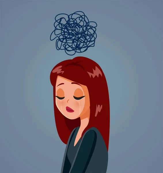 Depressed Woman Having Tangled Thoughts Vector Cartoon Illustration — Stock Vector