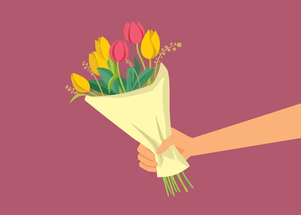 Hand Holding Mooie Bloemen Boeket Vector Cartoon Illustratie — Stockvector