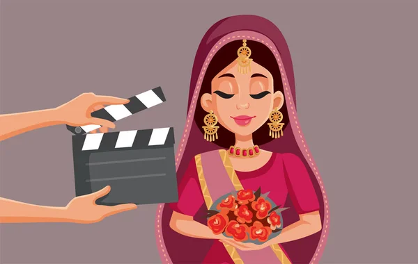 Indická Herečka Natáčení Bollywood Produkce Vektorové Kreslené Ilustrace — Stockový vektor