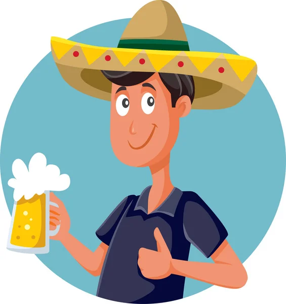 Homem Vestindo Chapéu Sombrero Bebendo Cerveja Mexicana Vector Cartoon — Vetor de Stock