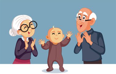 Büyükbabalar ilk adımlarını atan torunu alkışlıyor.