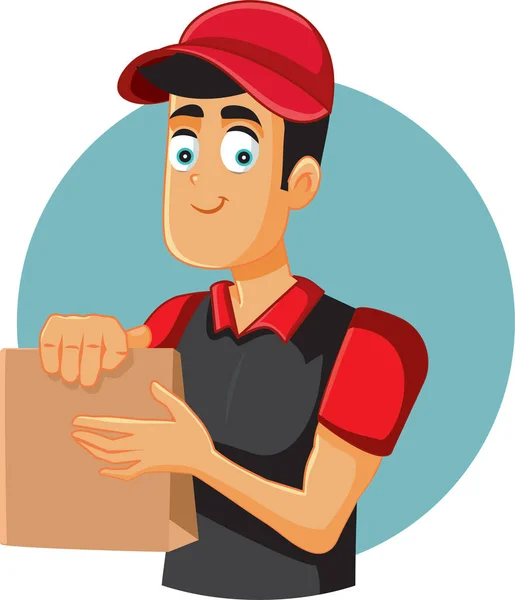 Worker Delivering Food Paper Package Vector Cartoon Illustration — Stock Vector