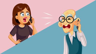 Yaşlı babasıyla telefon vektörü karikatürü üzerinde tartışan kadın.