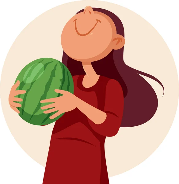 Glückliche Frau Mit Einem Großen Wassermelonen Vektor Cartoon — Stockvektor