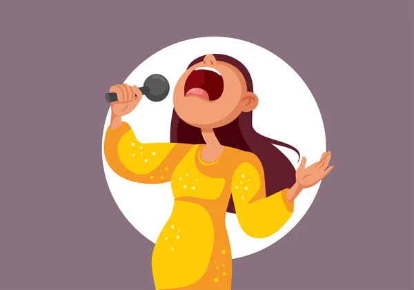 Woman Holding Microphone Singing Loud Music Vector Cartoon — Stock Vector