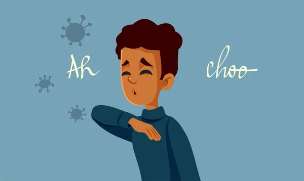 Jongen Met Virale Infectie Niezen Haar Elleboog Vector Cartoon — Stockvector