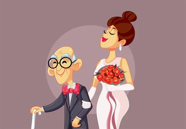 若い花嫁は 高齢者の男性ベクトル漫画イラストと結婚 — ストックベクタ