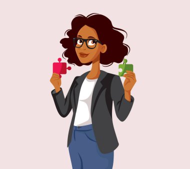 İş kadını Yapboz Vektörü İllüstrasyonundan İki Parça Tutuyor