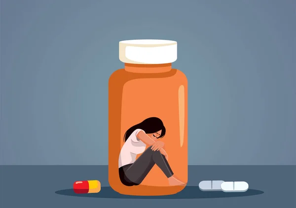 Γυναίκα Addicted Συνταγογραφούμενα Χάπια Χάπια Διάνυσμα Εικονογράφηση Κινουμένων Σχεδίων — Διανυσματικό Αρχείο