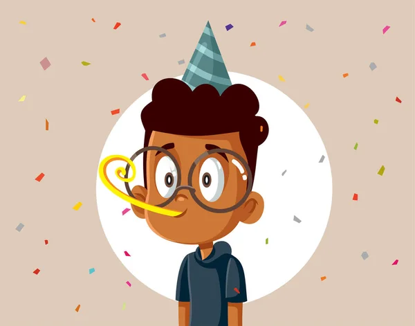 Vieren Little Boy Blowing Party Whistle Vector Cartoon Illustratie — Stockvector