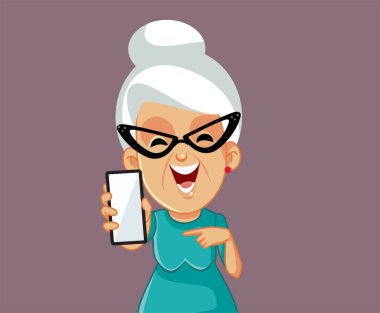 Senior Woman Pointing to her Smartphone Vector Cartoon Illustration clipart