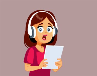 Kulaklık takan Kadın Tablet Pc Vektör Çizgi Filmi Tutuyor