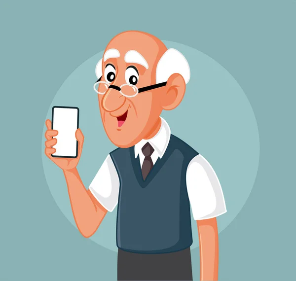 Starší Muž Držící Smartphone Vektorové Kreslené Ilustrace — Stockový vektor