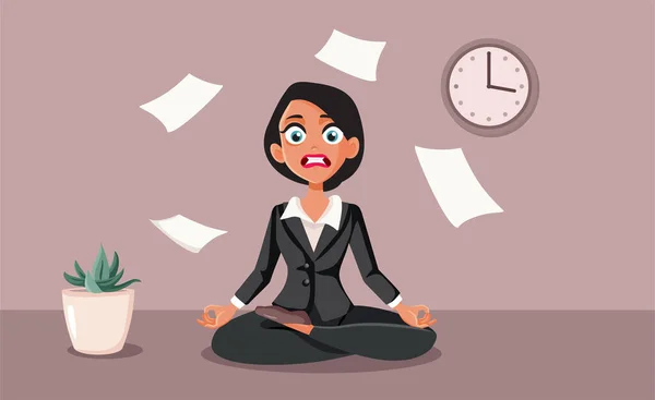 Stressed Businesswoman Yoga Pose Office Vector Cartoon Illustration — Image vectorielle