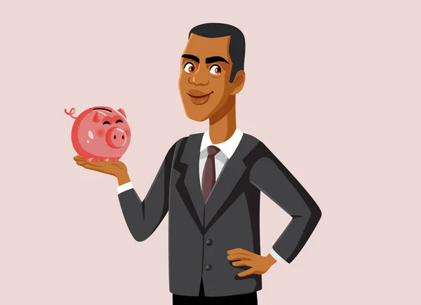 Hombre Negocios Holding Piggy Bank Vector Cartoon Illustration — Vector de stock