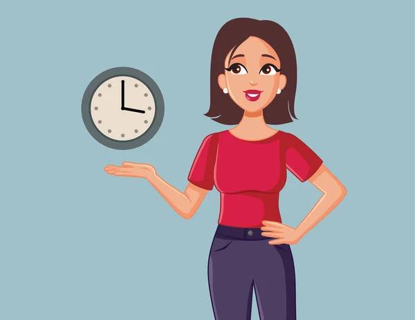 Happy Woman Showing Clock Vector Cartoon Illustration — Stok Vektör