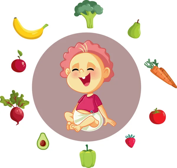 Baby Omgiven Frukt Och Grönsaker Vektor Tecknad Illustration — Stock vektor