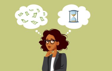 Businesswoman Thinking Between Money and Personal Time Vector Illustration