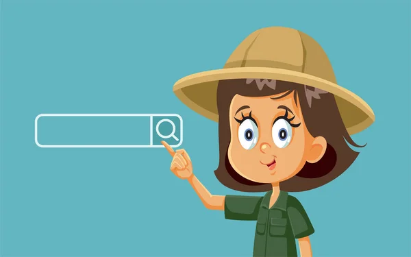 Little Explorer Girl Searching Web Vector Cartoon —  Vetores de Stock