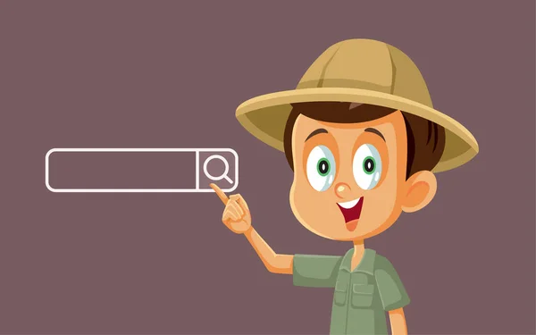 Boy Wearing Safari Costume Searching Internet Vector Cartoon — стоковый вектор