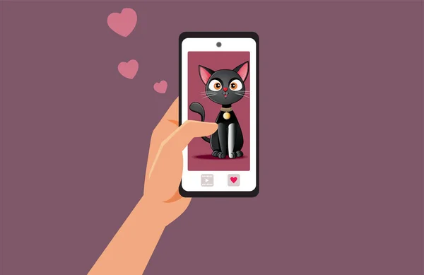 Woman Loving Viral Cat Video Vector Cartoon Illustration — ストックベクタ