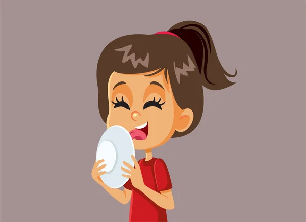 Hungry Little Girl Licking Plate Vector Cartoon Illustration — Stock Vector