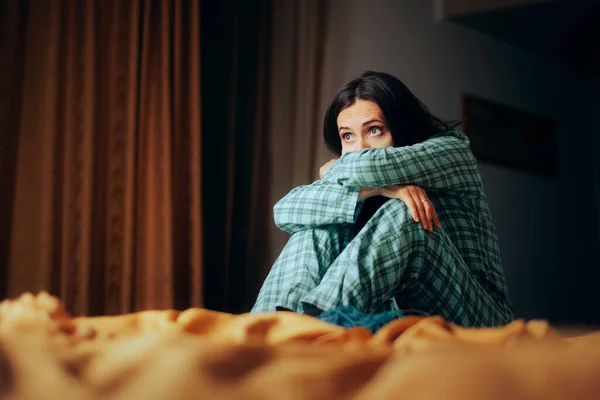 Sad Depressed Woman Sitting Alone Her Room — Stok fotoğraf