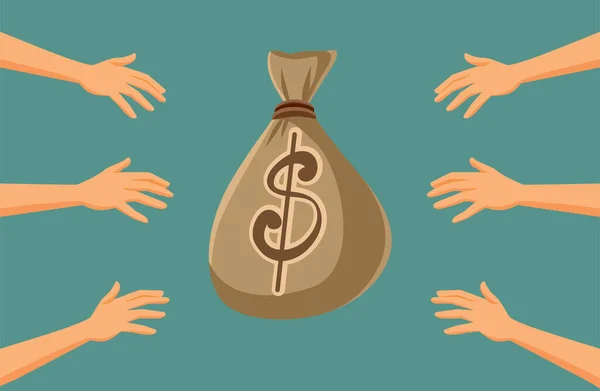 Greedy Hands Reaching Money Bag Vector Illustration — Stock Vector
