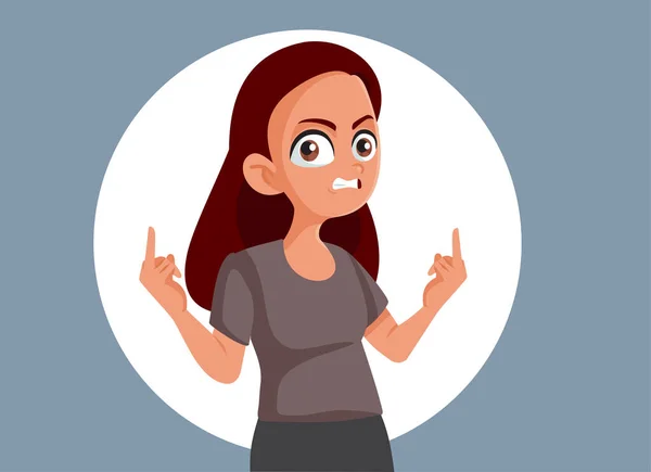 Angry Teenage Girl Flipping Middle Finger Vector Cartoon — Stock Vector