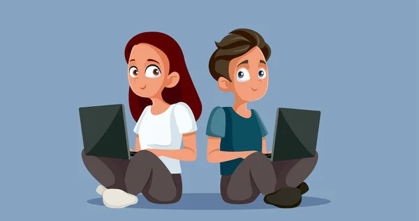 Junge Und Mädchen Chatten Auf Ihrem Laptop Vector Cartoon Illustration — Stockvektor