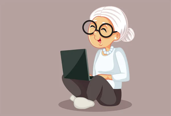 Wanita Senior Menggunakan Laptop Vector Cartoon Illustration - Stok Vektor