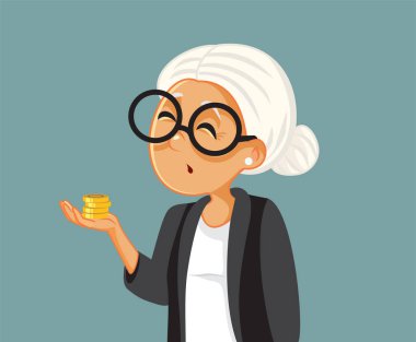 Yaşlı kadın para vektörü karikatürü çizimi için endişeli.