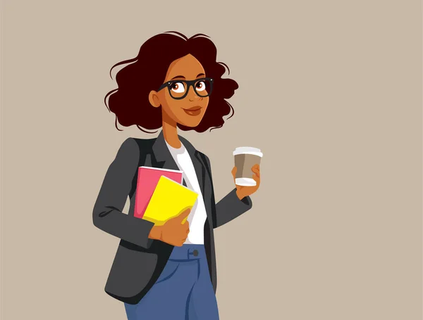 Businesswoman Holding Books Coffee Vector Character — Stock Vector