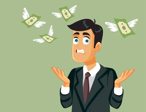 Stressed Man Looking How His Money Fly Vector Cartoon —  Vetores de Stock