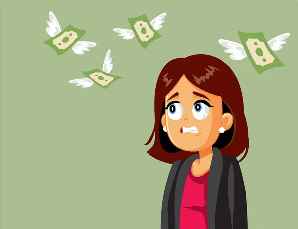 Inggris Stressed Woman Looking How His Money Fly Vector Cartoon - Stok Vektor