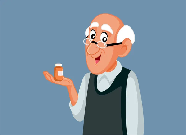 Hombre Mayor Sosteniendo Una Botella Píldora Vector Ilustración Dibujos Animados — Archivo Imágenes Vectoriales