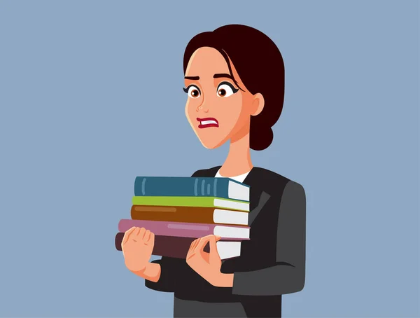 Stressed Woman Holding Many Textbooks Vector Cartoon Illustration — Stock Vector