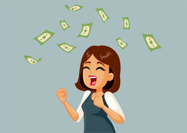 Χαρούμενη Ενθουσιασμένη Γυναίκα Κερδίζοντας Πολλά Χρήματα Διάνυσμα Γελοιογραφία — Διανυσματικό Αρχείο