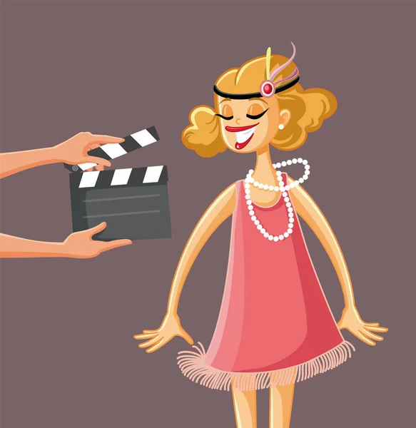 Vintage Motion Picture Starring Flapper Girl Vector Cartoon Illustration — Stock Vector